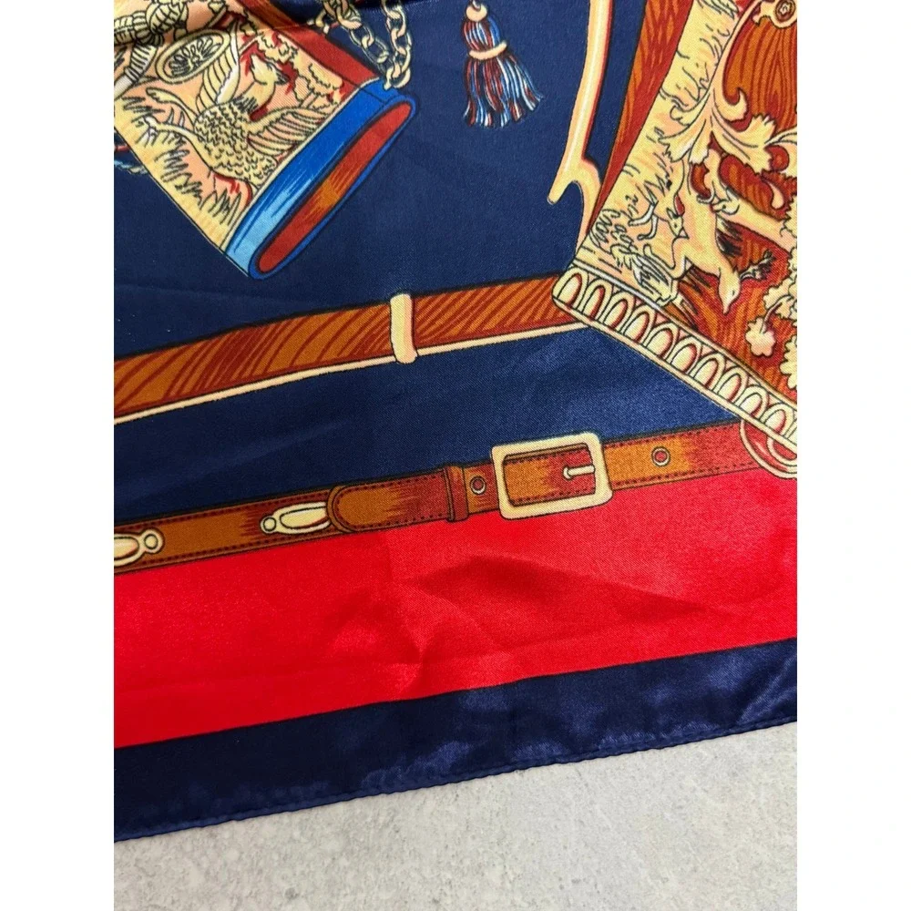 Equestrian Belt Chain Print‎ Square Scarf Navy Blue Red Silk Feeling Polyester